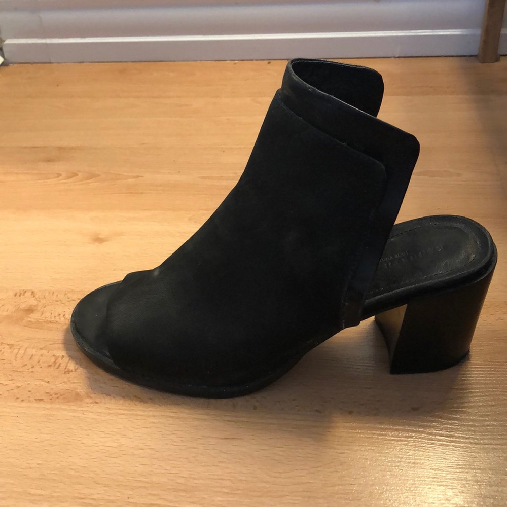 Open toed black suede and leather booties